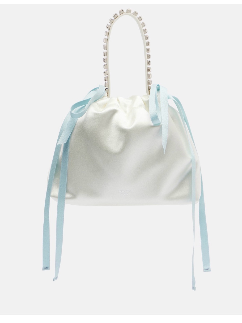 Jimmy Choo Cream Satin Drawstring Shoulder Bag With Light Blue Ribbon